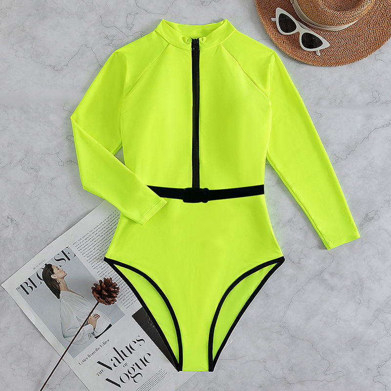 zipper solid color long sleeve slim One Piece Swimsuit NSOLY130879