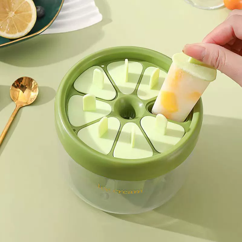 Popsicle Mold (8) — Food-Grade Silicone Popsicle Maker with Lid, Auto-Release, green/orange