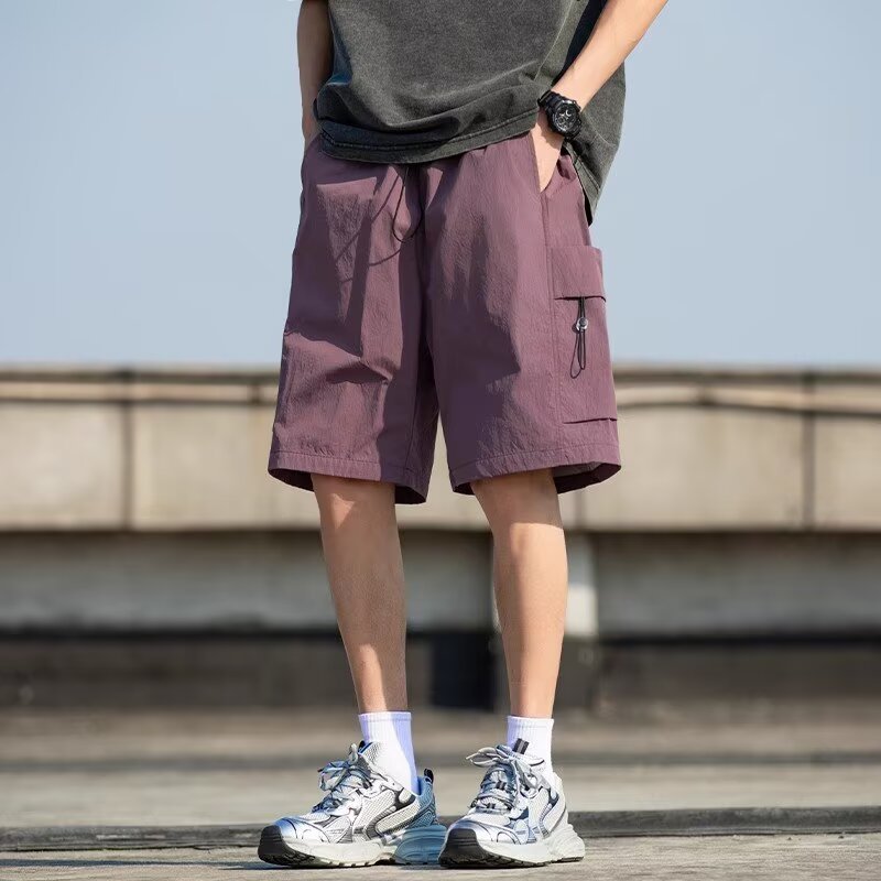 Men's Casual Shorts Summer Multi-Pocket Cargo Shorts Versatile Solid Color Fitness Sports Knee-Length Thin Shorts