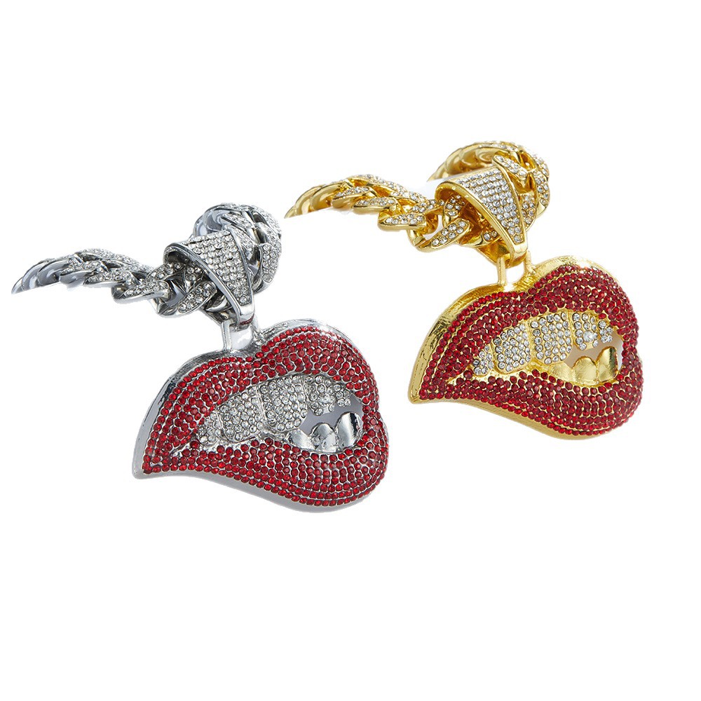Europa y América Hip Hop aleación collar de labios rojos venta caliente transfronteriza full diamond sexy mordedura colgante Amazon cadena cubana