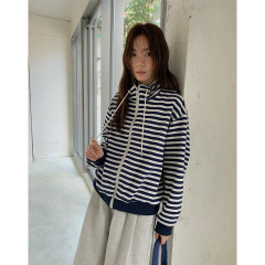 苏奈  韩版系带百搭立领宽松显瘦减龄条纹长袖T恤女上衣tableblue