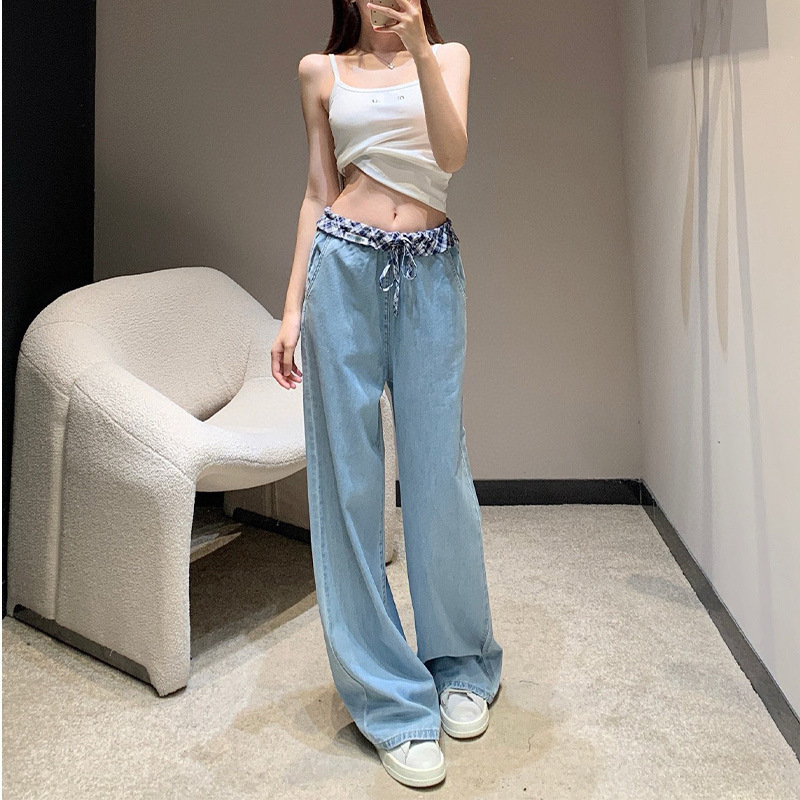 miu スプライスレースジーンズ、夏用通気性ワイドレッグパンツ、ファッショナブルでカジュアル、多用途、快適なストレートパンツ|undefined