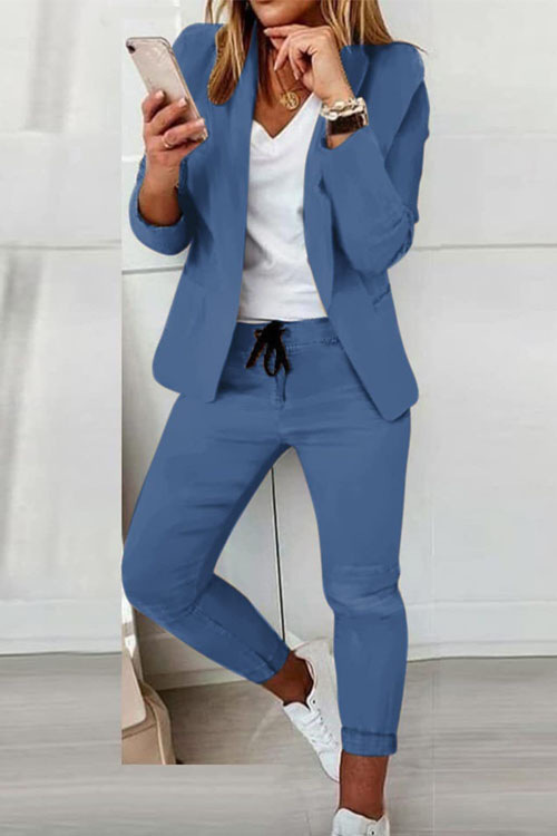 Stylowa damska niebieska marynarka z długim rękawem i otwartym przodem, kardigan w jednolitym kolorze, strój biurowy, swobodny i elegancki_voghion.com