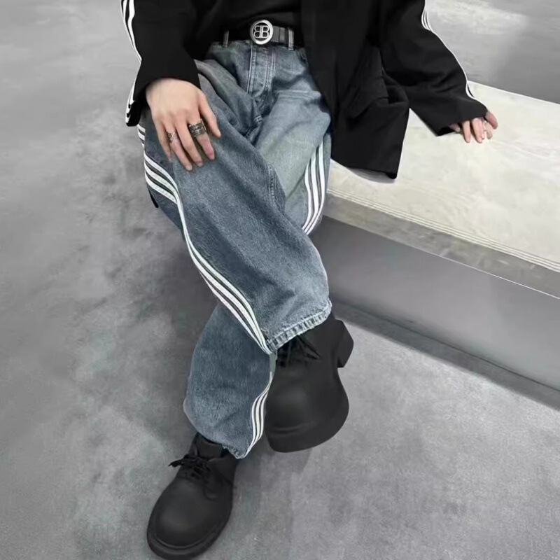 BAGGYJEANS American Style High Street Side Triple Bar Jeans Trousers Trendy Brand Loose Straight Pants for Men and Women