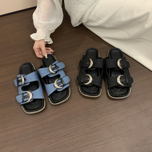 French Casual Belt Buckle Thick-Soled Cloth Sandals Summer Retro Outer Wear Open-Toe Flat-Soled Casual Slippers