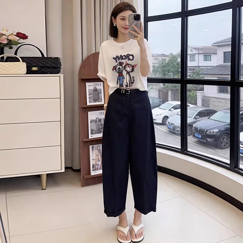 Korean Style Lazy Casual Sports Suit for Women 2026 Summer Loose Printed Short-Sleeved T-Shirt Wide-Leg Pants Two-Piece Set