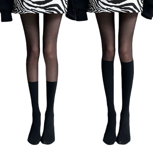 Spliced ​​black stockings for women, spring and autumn JK fake calf pantyhose, internet celebrity sexy fake knee-high black stockings