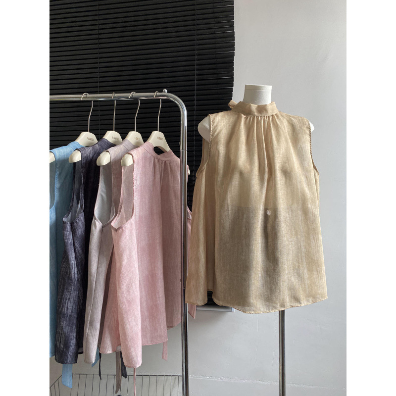 Korean Style Round Neck Back Design Sleeveless Striped Shirt Women's Summer New High-End Elegant Stand-Up Collar Vest Shirt