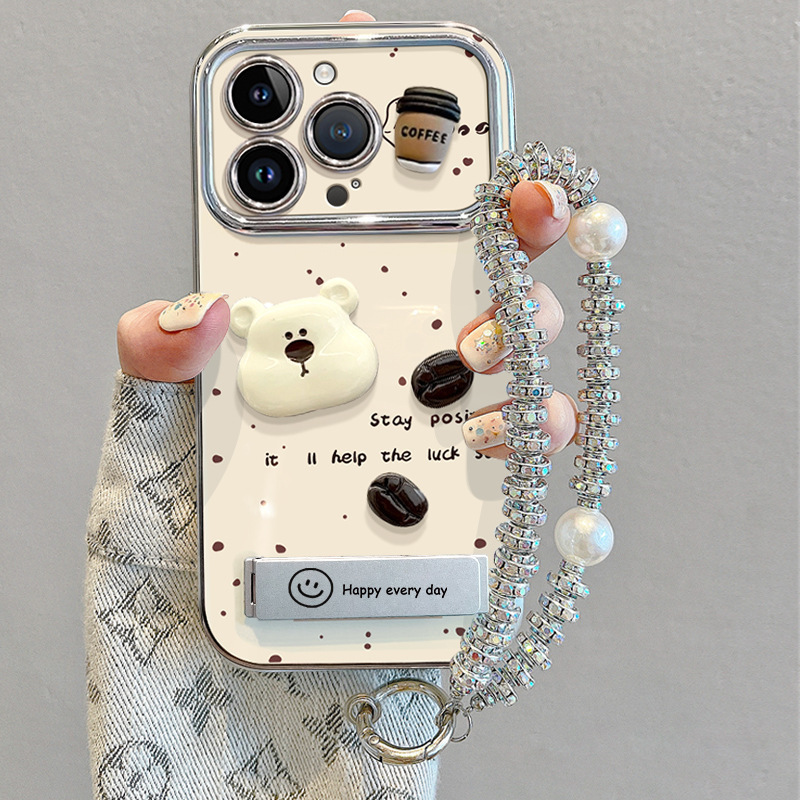 Coffee Bean Stereo Bear Apple 17Pro Mobile Phone Case Cute 16Promax Anti-Fall Bracket 15 Silicone Hanging Chain