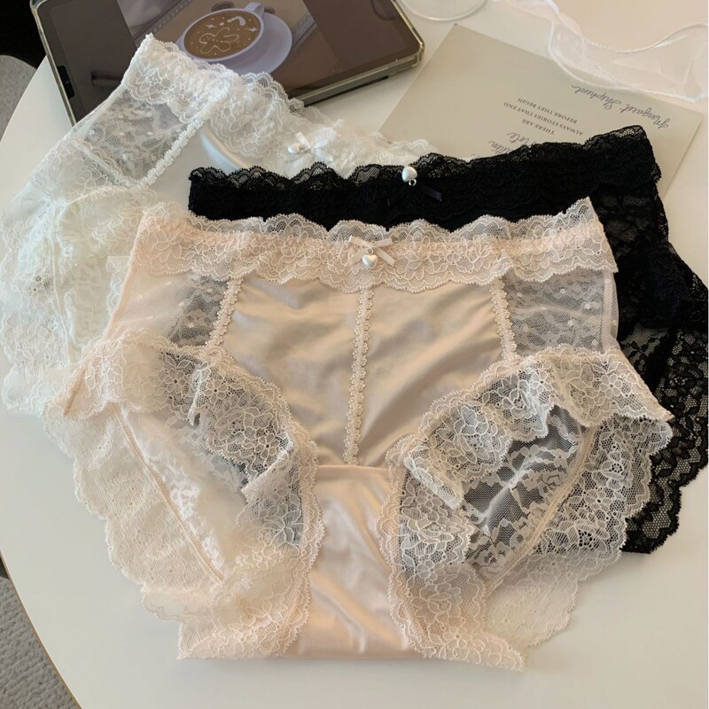 Heart-Shaped Small Pearl Lace Panties, Feminine and Pure Desire, Mid-Waist, Breathable, Thin Style, Young Girl Briefs, 2025 New Model