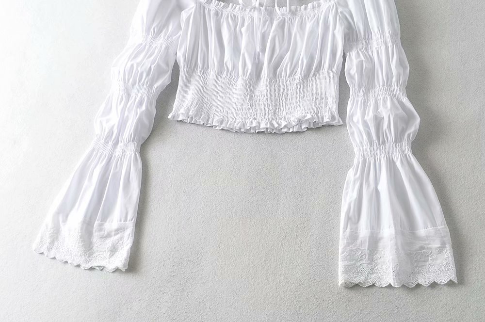 lace-up puff sleeve ruffled blouse NSAM49914
