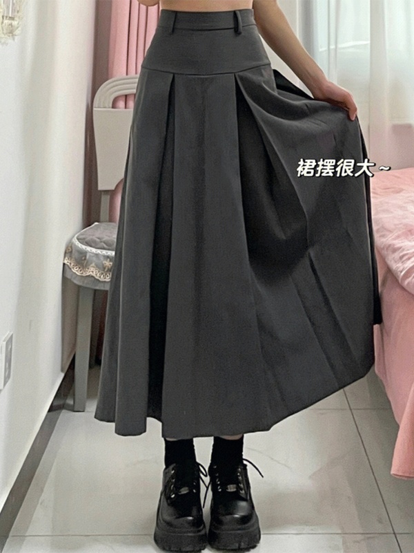 黑色西装中长款半身裙女春秋大码胖mm高腰显瘦美式a字百褶裙ins潮|undefined