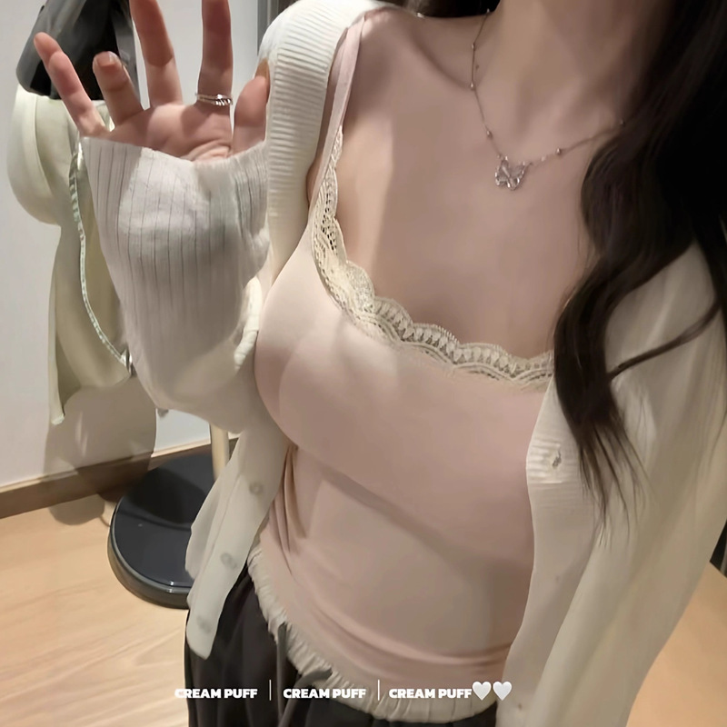 Lace Pure Desire Camisole with Breast Pads, Removable Inner Cream Girly Style Outer Top 974