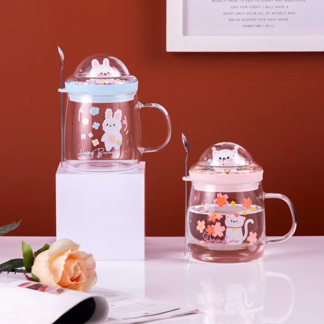 Creativo lindo cristal transparente paisaje conejo gato dibujos animados personalidad taza con tapa cuchara lindo beber taza leche taza de té