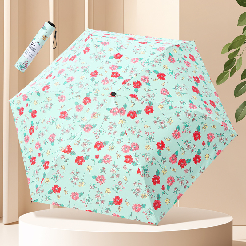 三つ折り超軽量傘日焼け止め紫外線防止傘黒ゴム傘携帯折り畳み晴れ傘両用日傘女