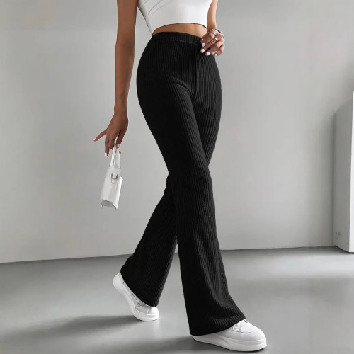 Spring/Summer European and American Women's Flared Pants, Autumn Solid-Color Ribbed Knitted Micro-Flared Fashionable All-Match Slim-Fit Women's Trousers