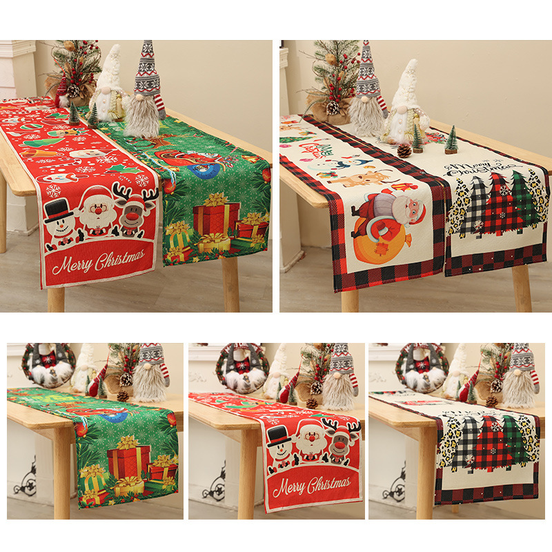 New Christmas decoration linen table runner Christmas creative Christmas tree garland printed table tablecloth decoration