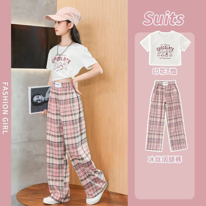 [Cotton Stretch Top + Cool Silk Pants] Stylish Summer Set for Girls - New Style Plaid Pants (Two Pieces)