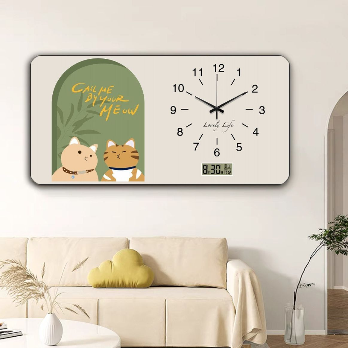 Plantas verdes frescas, reloj de pared, pintura decorativa creativa, calendario perpetuo, reloj electrónico, reloj de sala de estar, pintura de reloj de estilo crema fresca