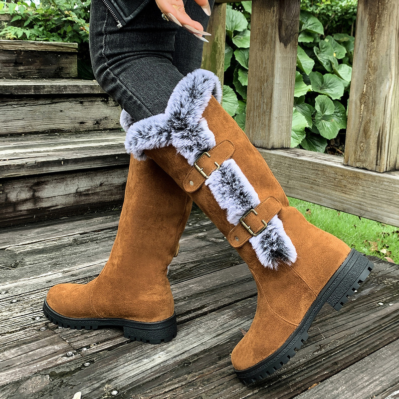 36-43 European and American Style Autumn and Winter Rabbit Fur Thick Plush Snow Boots with Chunky Heels, Round Toe, Slip-On High Boots for Women, European Fit 36-43 European and American Style Autumn and Winter Rabbit Fur Thick Plush Snow Boots with Chunky Heels, Round Toe, Slip-On High Boots for Women, European Fit