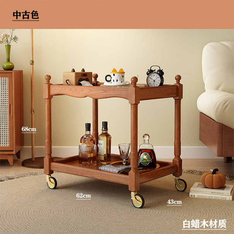 Caminillo móvil mesa de té sala de estar estilo medieval casero mesa de madera sólida doble capa sofá estante lateral mesa lateral