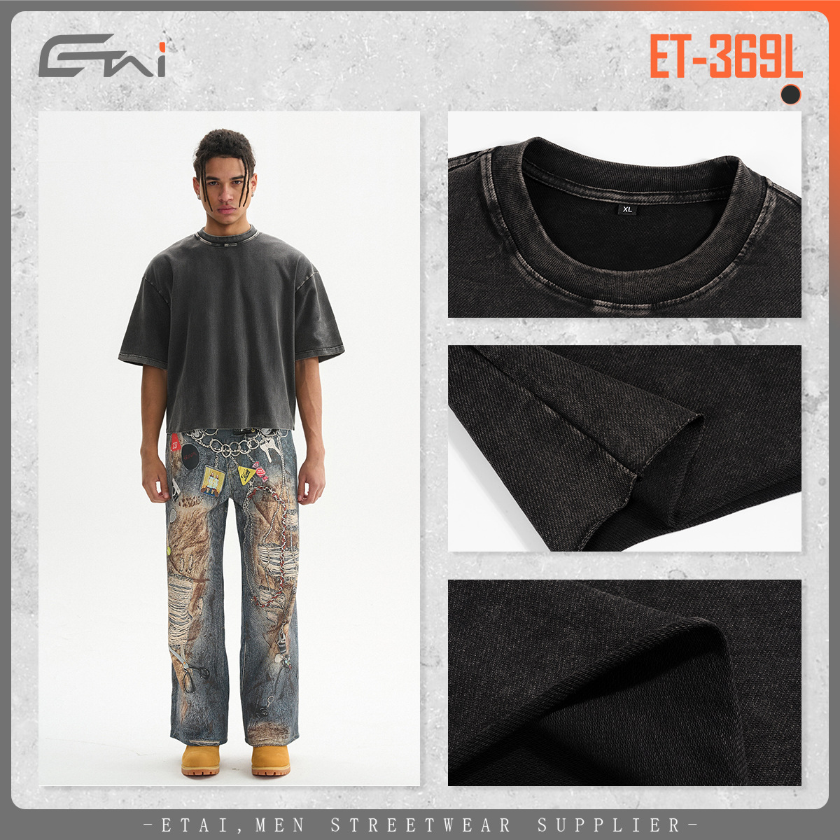 ETAI Hombre| Marca de moda transfronteriza hace vieja camiseta corta ancha corta de alta calidad lavada con agua retro boxy algodón de manga corta