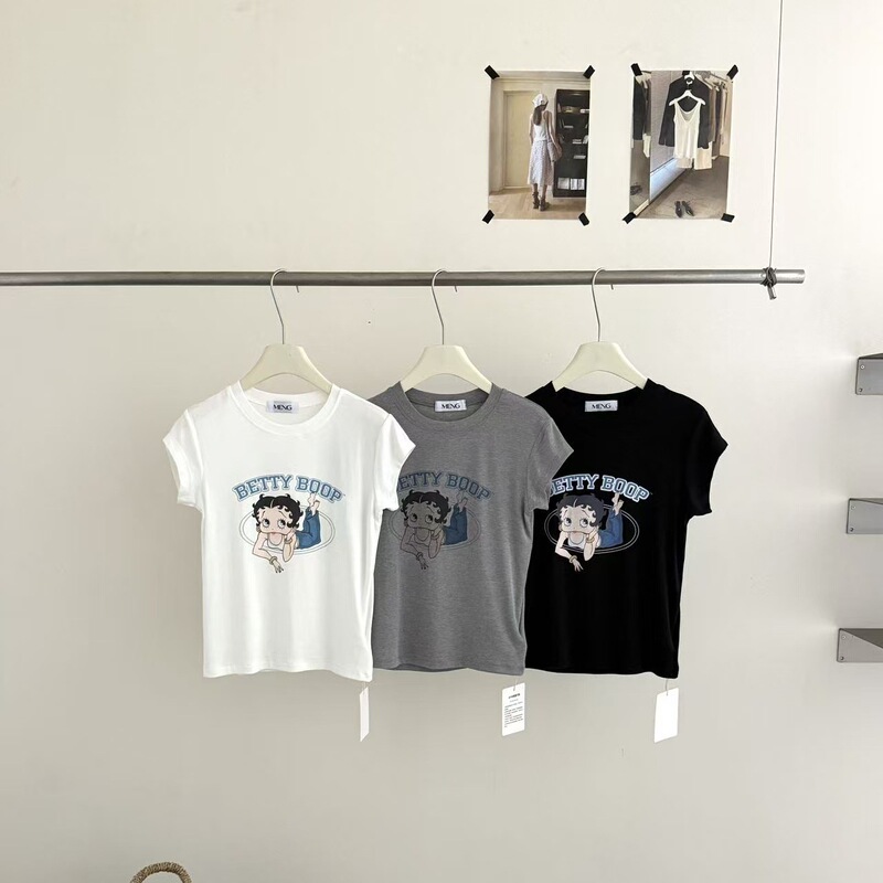 Korean Niche Brand Youthful Cartoon Betty Letter Print Short-Sleeve T-Shirt Short Round-Neck Base Shirt