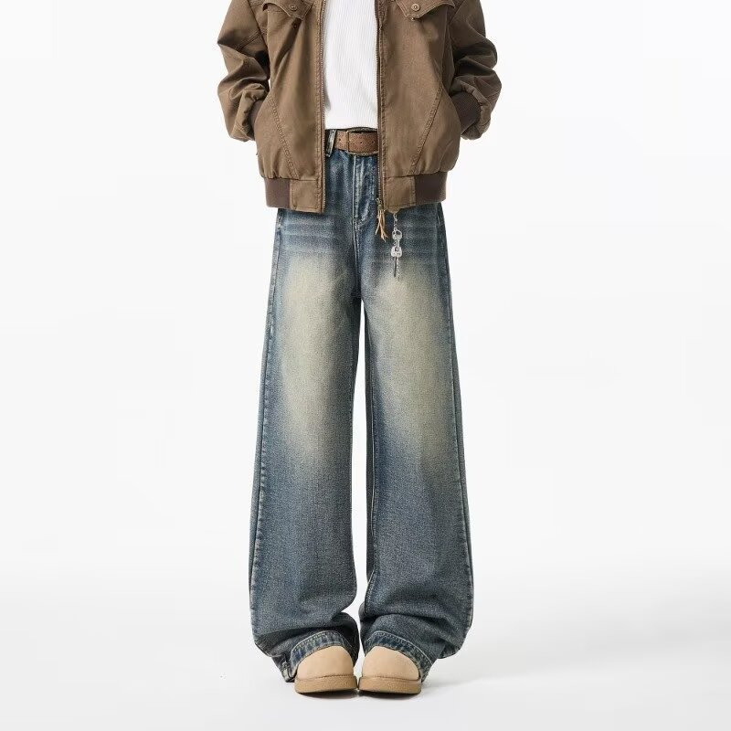 Men's Vintage Washed Denim Jeans Slightly Flared Wide-Leg Cat Whisker Detailing High-Street Style Cleanfit Black Blue (S-3XL)_mkmklike.com