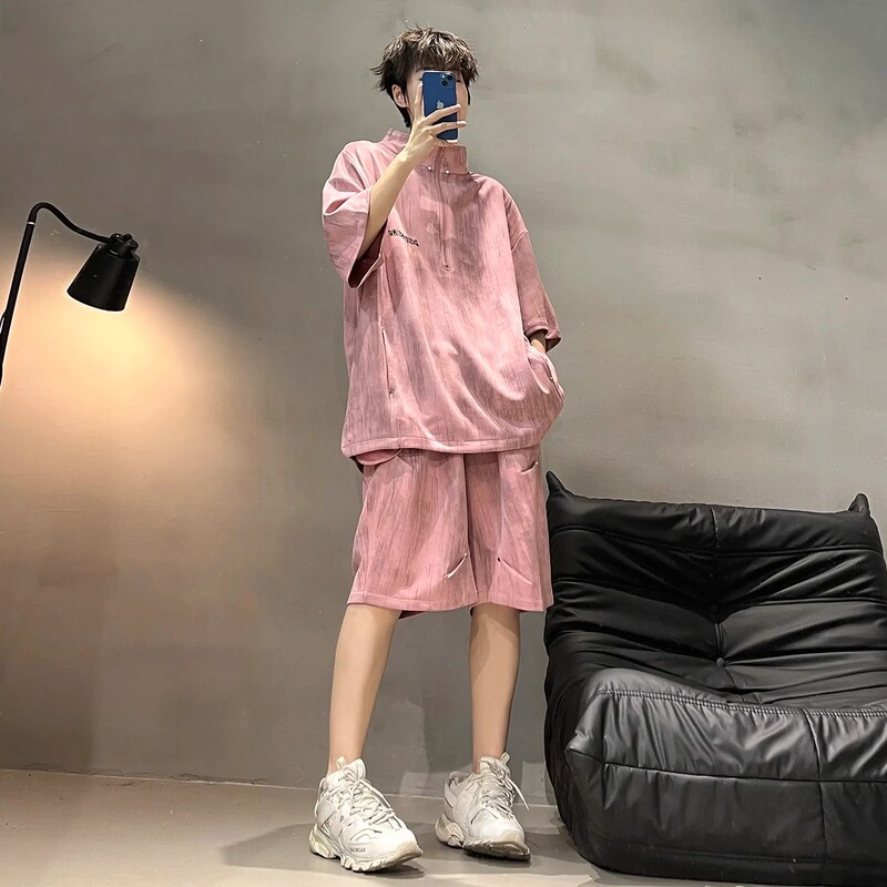 Black Tie-Dye Short-Sleeved Shorts Suit for Boys, a Cool and Handsome Outfit, a Complete Set with Handsome Men's Casual Sportswear