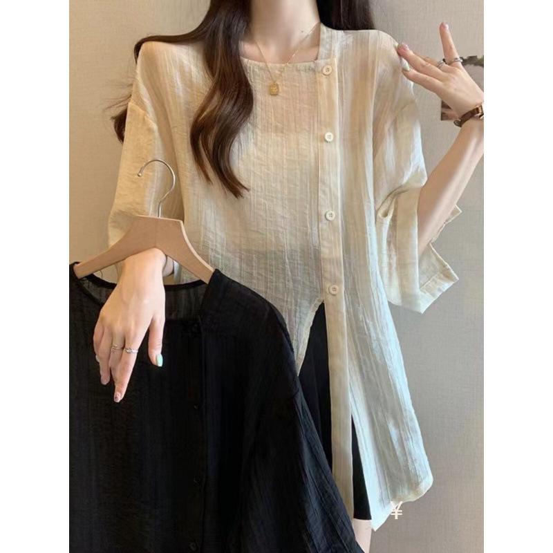 Irregular Design Chiffon Short-Sleeve Shirt for Women, Summer New Style, Plus-Size, Mid-Length, Three-Quarter Sleeve Top