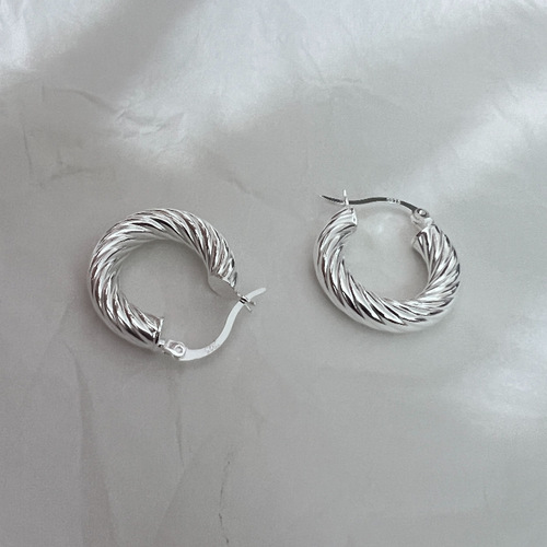 Korean Version 925 Pure Silver Heavy Carving Striped Earrings for Women, Simple and Fashionable Instagram Style Xiaohongshu Earrings Korean Earrings