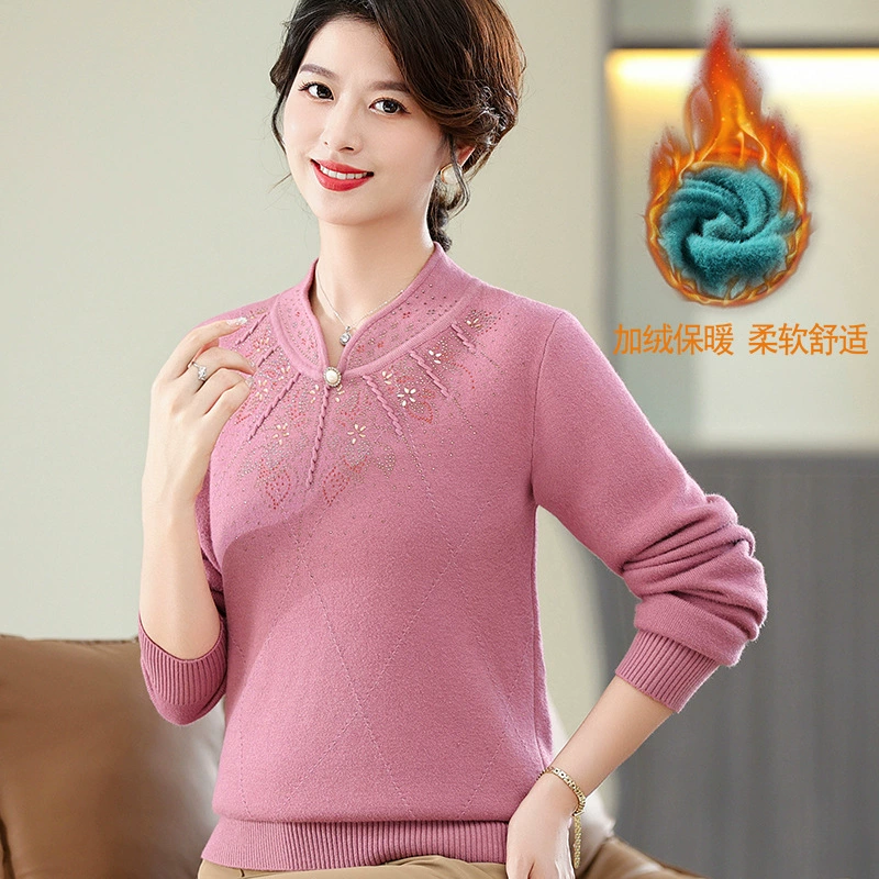 Осенне-зимняя одежда для молодых мам, утолщенная нижняя рубашка на флисовой подкладке, теплый топ в западном стиле, цельный бархатный свитер для женщин среднего и пожилого возраста