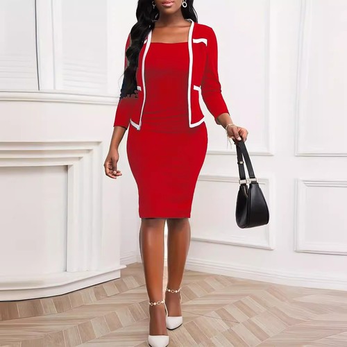 2025 Women's Fashion: European and American Style Cropped 3/4-Sleeve Fake 2-Piece Patchwork Professional Bodycon Dress