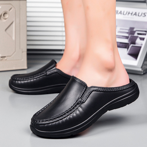 New EVA toe-cap half-slippers for men—casual leather shoes, oil-resistant and non-slip, chef’s shoes, slip-on loafers, driving shoes.