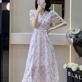 实拍初夏好品质法式领泡泡袖雪纺印花连衣裙女 盐甜系度假风裙子