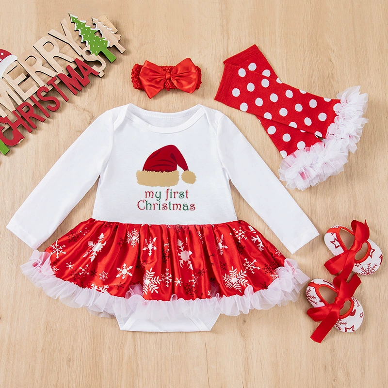 Демисезонный Christmas боди, юбка, детский комплект, с длинным рукавом, со снежинками, набор 4 шт., оптом