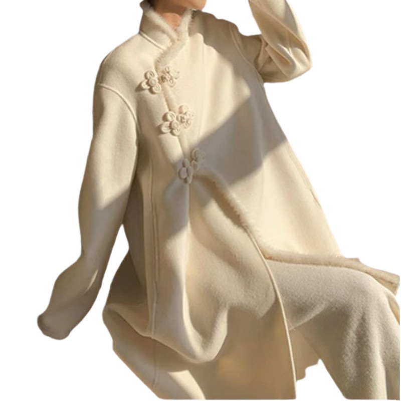 새로운 중국 스타일 여성 의류 국가 스타일 원피스 가을과 겨울 패션 서양식 기모 두꺼운 사교계 울 버클 화이트 세트