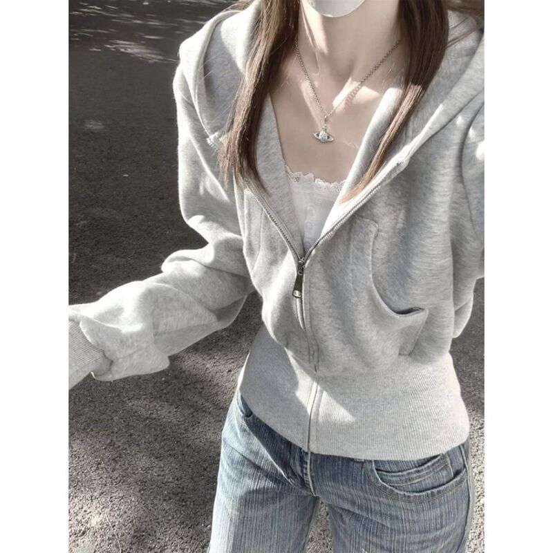 Light Gray Waist-Cinching Hooded Jacket for Women, New Autumn Korean Style Slim-Fit Sweatshirt, Versatile Sports Short Top