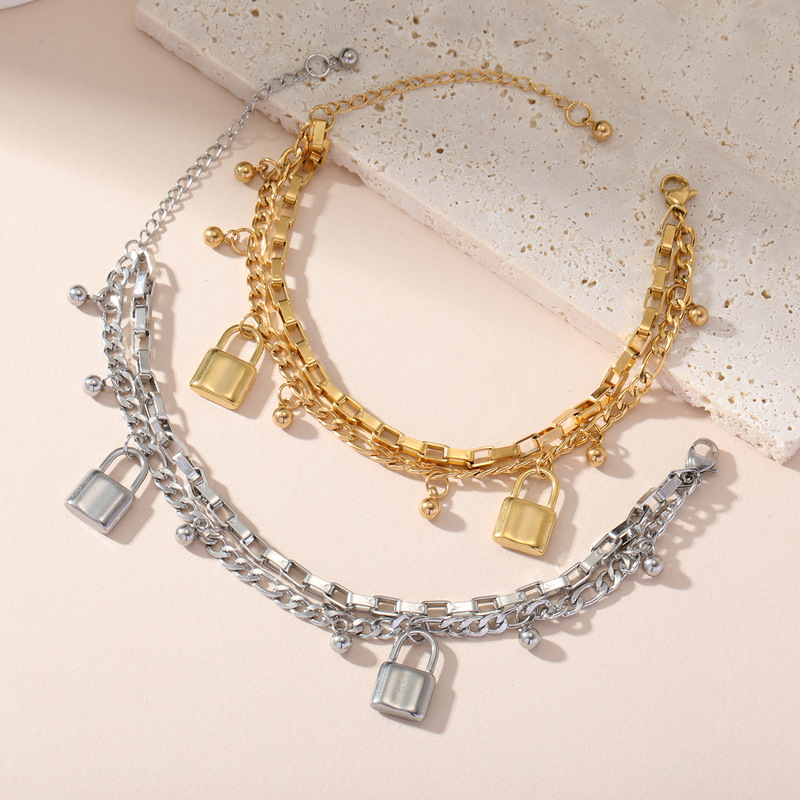 Hip-Hop Overlapping Titanium Ball Figaro Chain Cross Chain Square Chain Double Layer Padlock Pendant Stainless Steel Bracelet