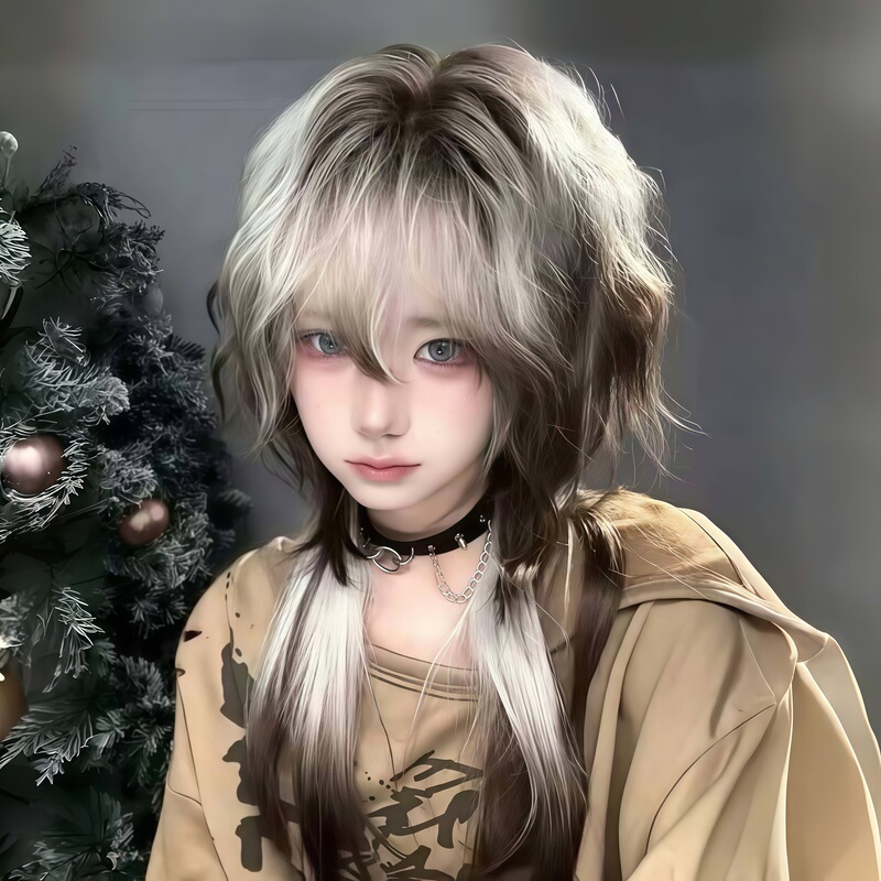 【Milk Wolf Dog】Wolf Tail Youthful White and Brown Gradient Layered Mullet Head Realistic Natural Full Head Cover