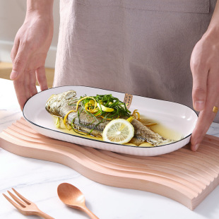Yamada Series Black Line Vertical Pattern Nordic Style Household Ceramic Oval Fish Plate Boiled Fish Plate Dumpling Plate Microwave