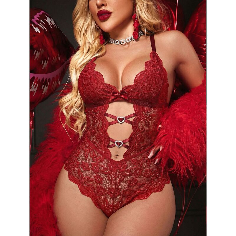 European and American foreign trade sexy women's seductive bodysuit, red hot lace see-through nightwear, date and honeymoon outfit