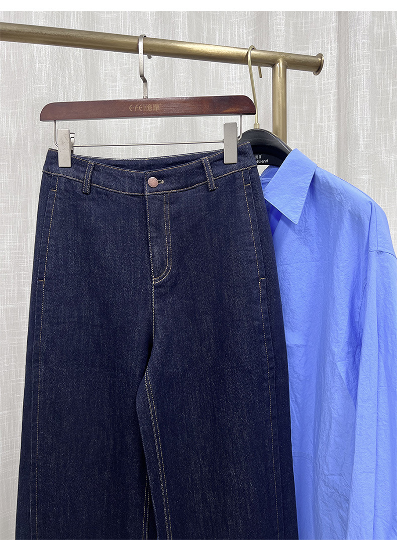 Quần jean ống rộng nữ eo cao denim đường chỉ tương phản — màu denim chi tiết 2