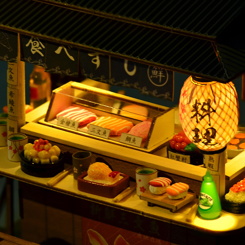 Bricolaje hecho a mano de madera comida y juego escena casa de muñecas accesorios Tienda de sushi japonés coche muñeca