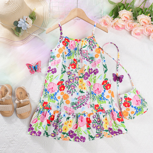 Girls summer new dress children's floral skirt baby girl ethnic style contrast flower skirt suspender skirt