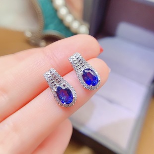 New natural sapphire earrings S925 silver inlaid main stone 5*7mm Joker net red explosions women's jewelry wholesale