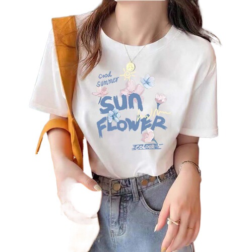 Trendy Printed Pure Cotton T-Shirt for Women - Spring and Summer Casual Brand Round Neck Loose Fitted Short Sleeve Top Wholesale