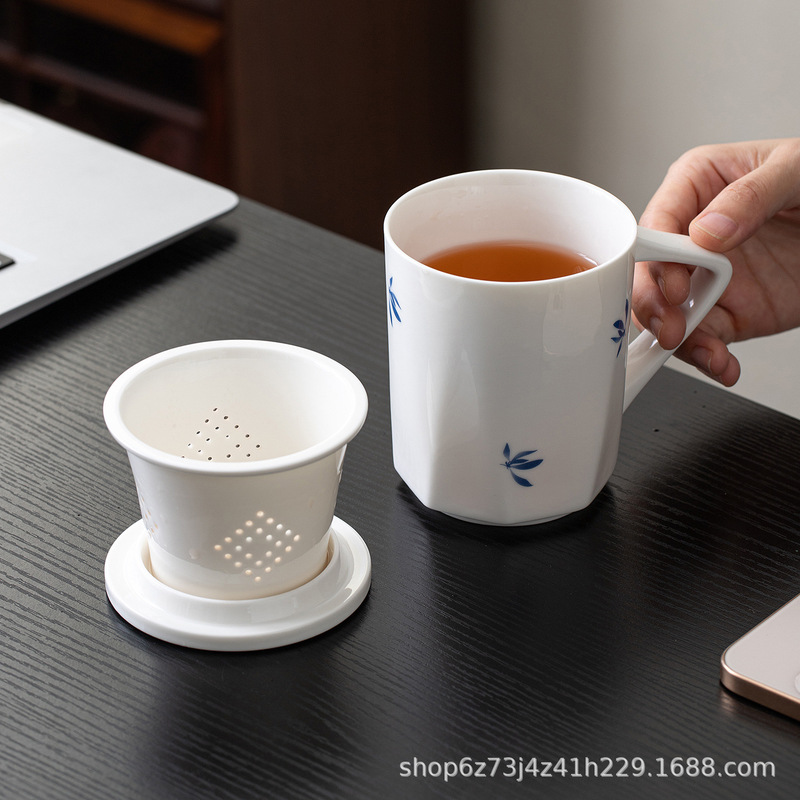 青花蝴蝶兰陶瓷茶水分离杯简约个人专用带盖过滤家用办公室泡茶杯|undefined