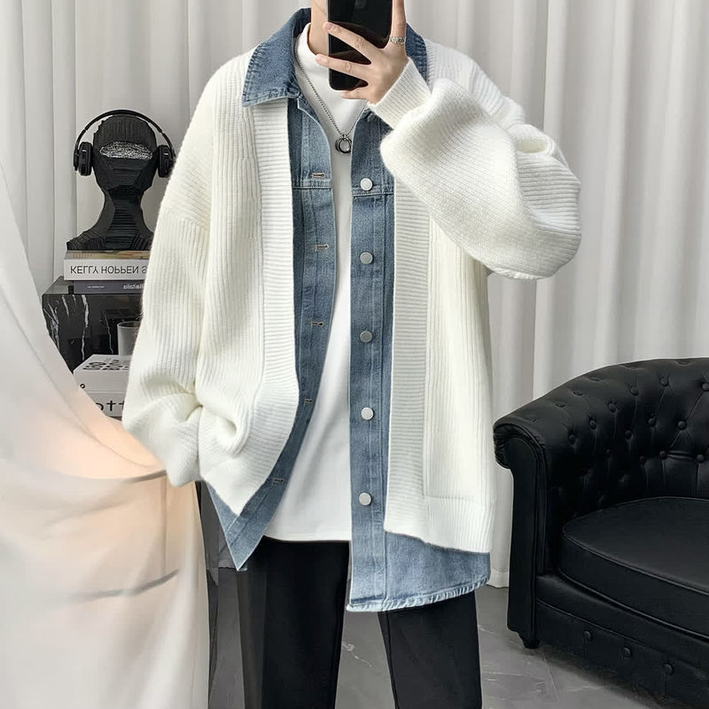 Men's Jacket 2025 Autumn and Winter New Style Men's Knitted Cardigan Jacket Fake Two-Piece Color-Blocking Top Men's Sweater
