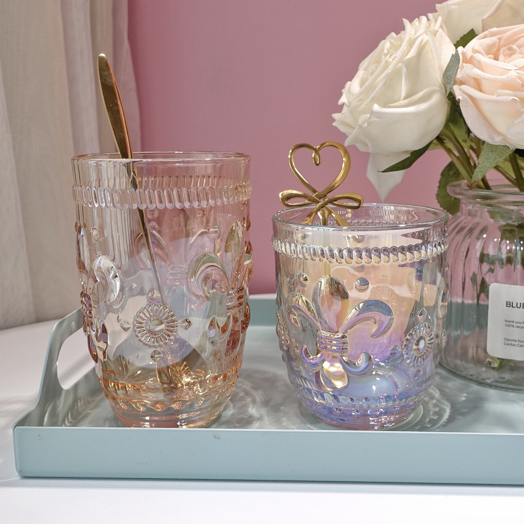 2F絕美彩虹琥珀鳶尾花浮雕水晶少女心玻璃杯早餐杯高顏值喝水杯子